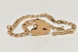 9CT GOLD BRACELET AND HEART PADLOCK CLASP, the curb link bracelet with spring ring clasp, suspending