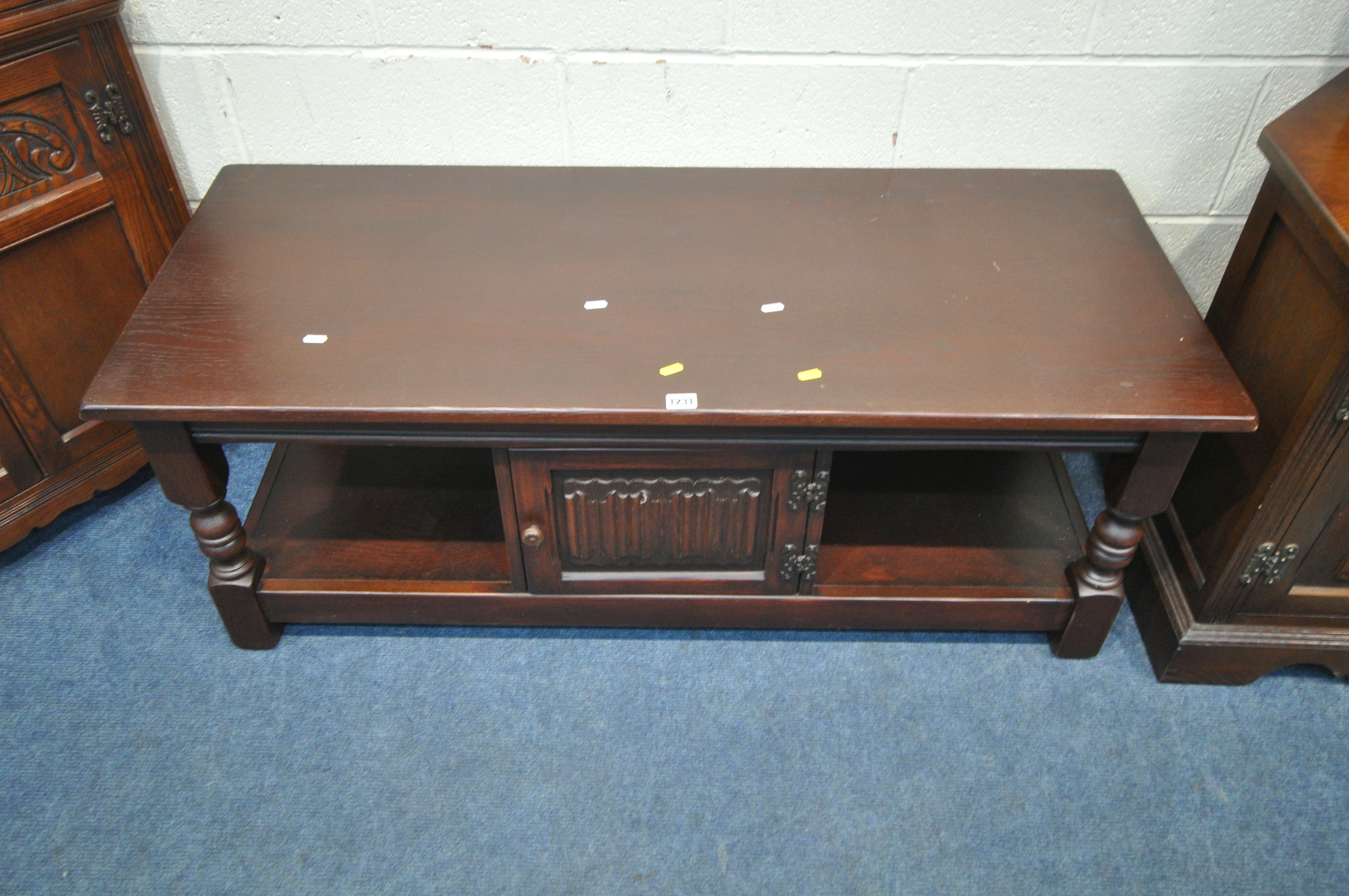 FOUR PIECES OF 20TH CENTURY OAK OLD CHARM FURNITURE, to include a coffee table, with a single - Image 2 of 4