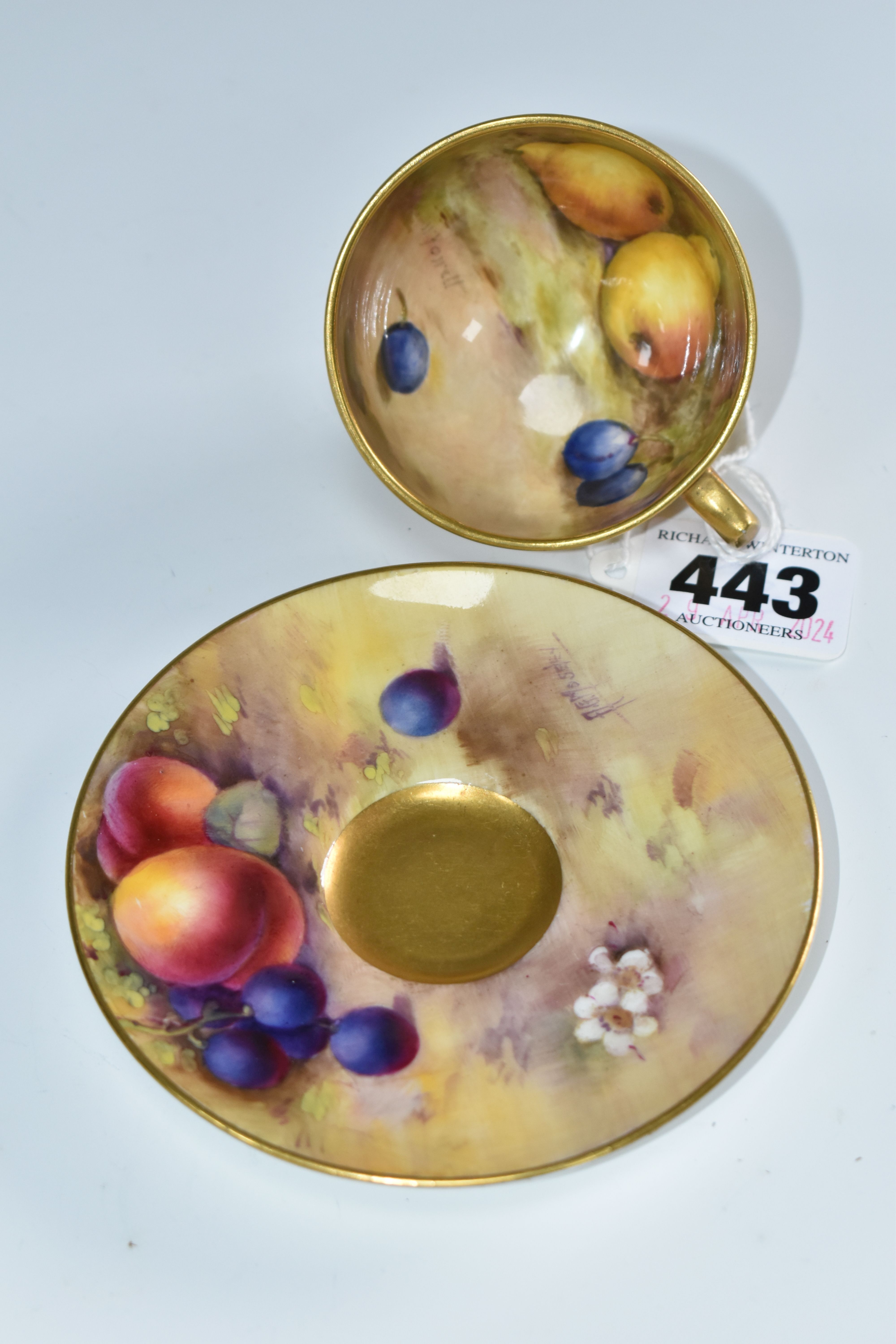 A ROYAL WORCESTER FALLEN FRUITS SMALL TEACUP AND SAUCER, the cup with gilt exterior, interior - Image 3 of 6