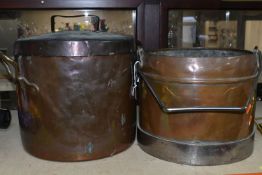 TWO COPPER COOKING POTS, one with cover and twin handles marked 'S', height excluding cover 27cm x