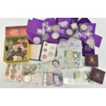 A CARDBOARD BOX OF UK COINS, to include an 1826 Sixpence George IV, 1845 Crown Victoria, 1889 Double