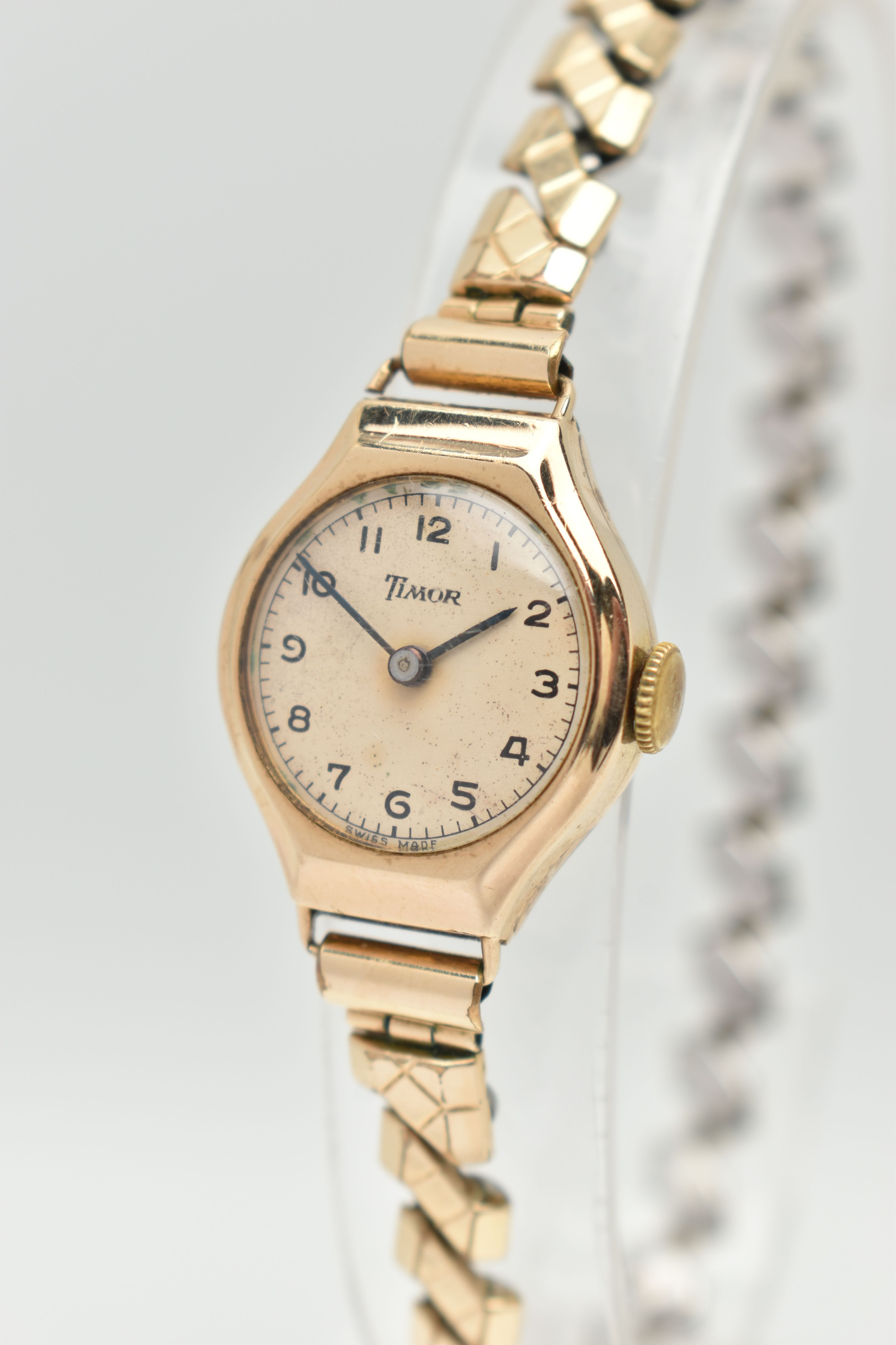 A 9CT GOLD LADIES WRISTWATCH, hand wound movement, round dial signed 'Timor', Arabic numerals, - Image 2 of 6