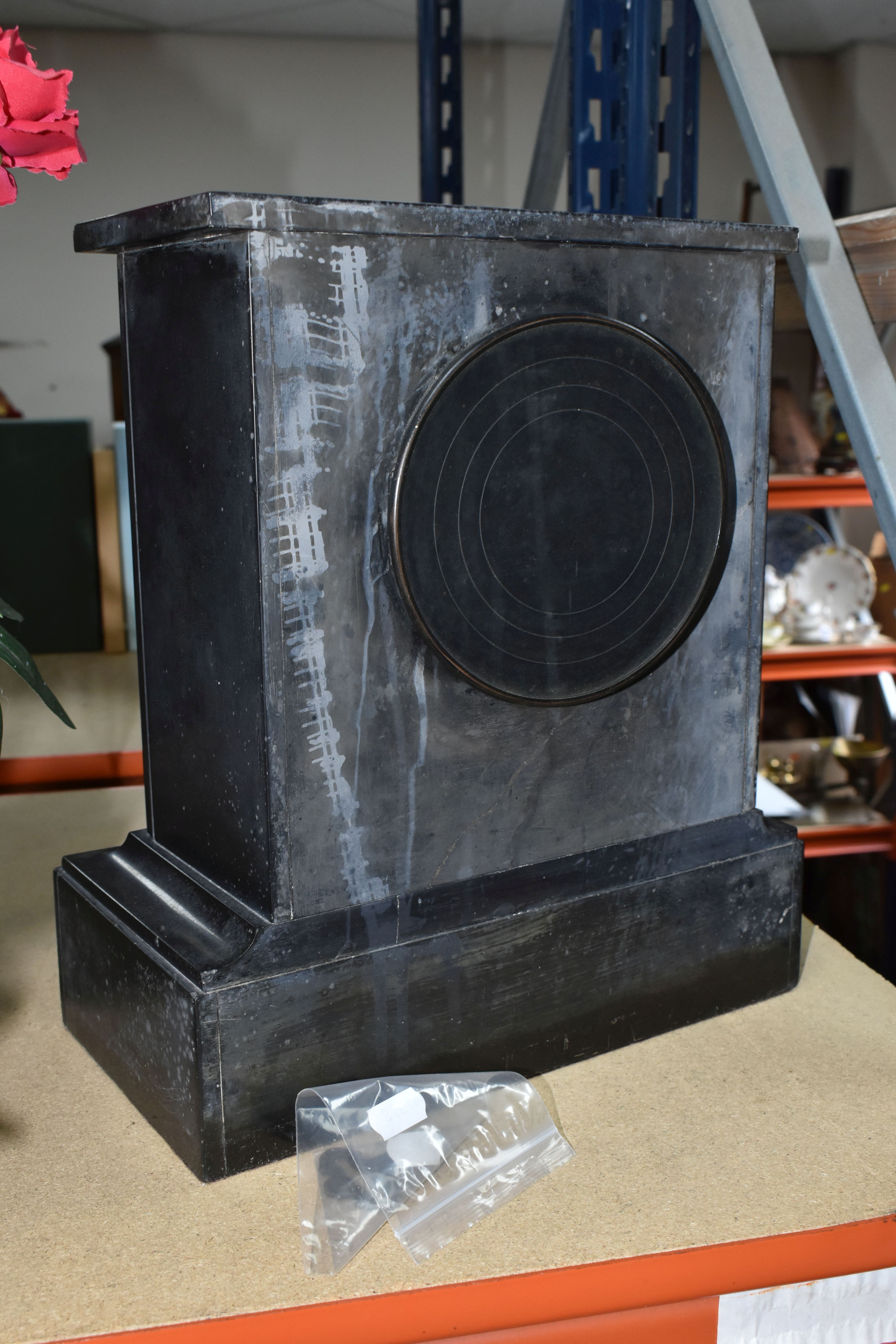 A VICTORIAN BLACK SLATE MANTLE CLOCK, inset with red marble accents, the enamel dial marked - Image 5 of 6