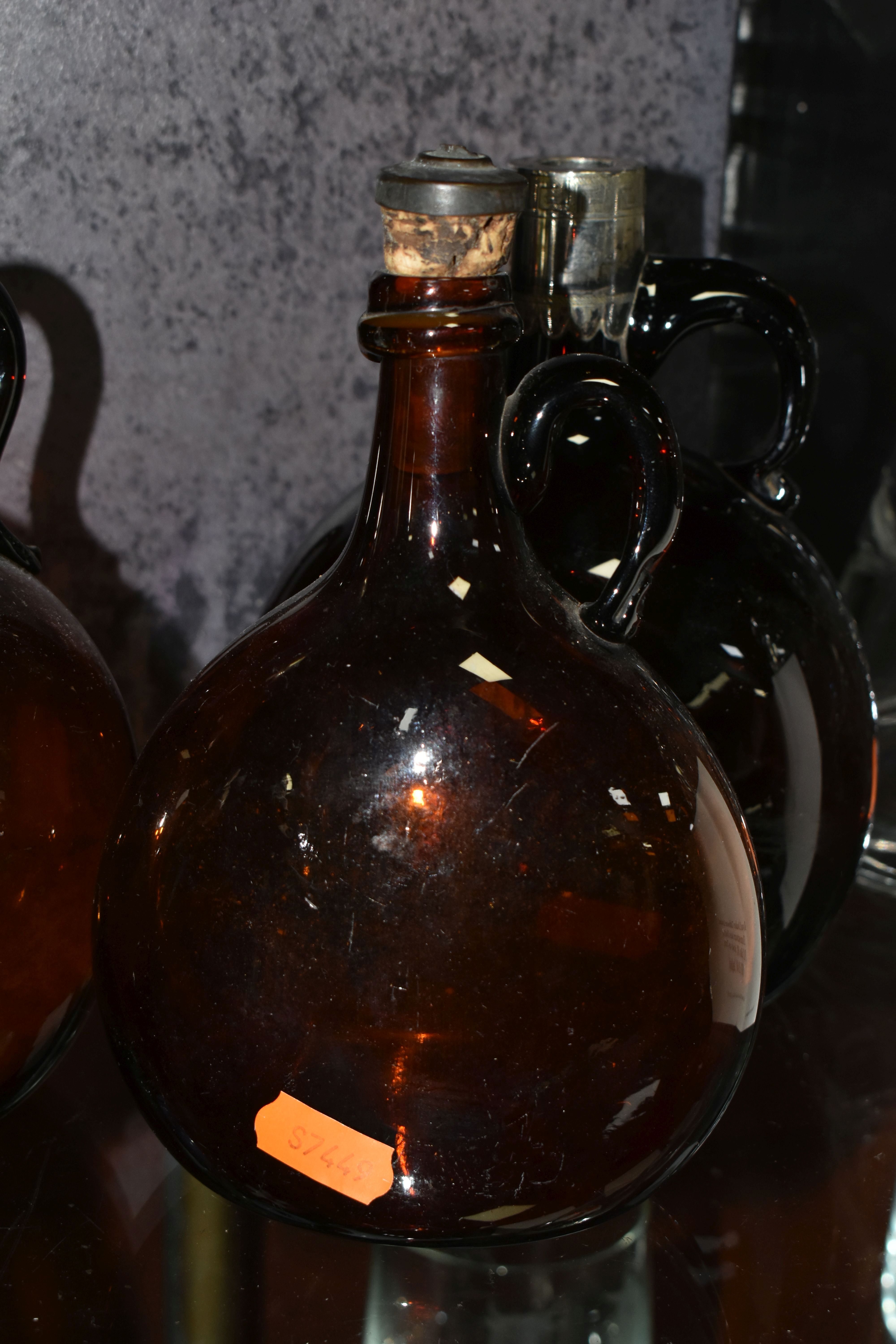 AN 18TH CENTURY MALLET SHAPED AMBER COLOURED BOTTLE, approximate height 21cm, together with three - Image 6 of 9