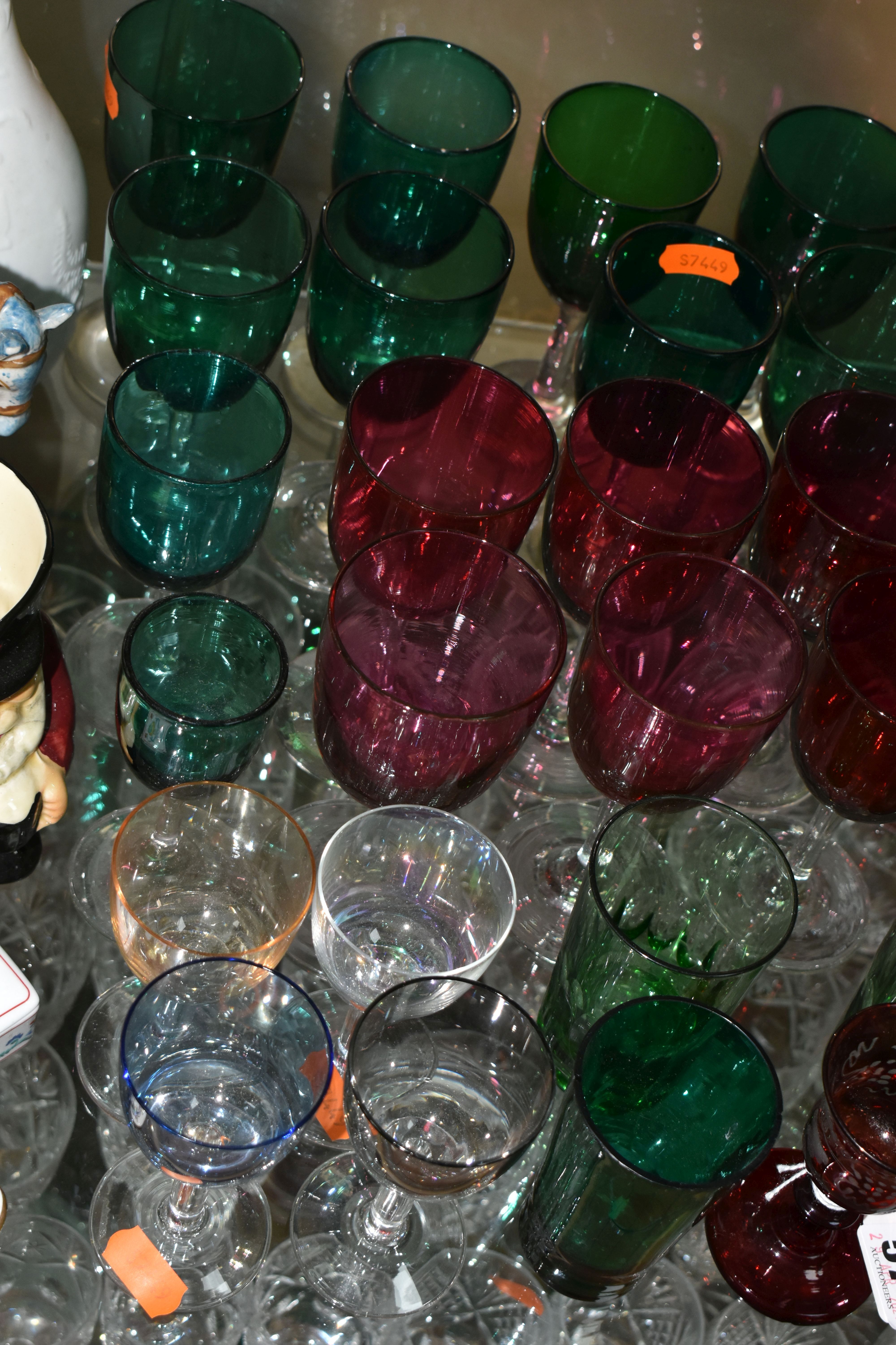 A COLLECTION OF COLOURED DRINKING GLASSES, to include a single ruby etched glass with rough pontil - Image 3 of 9