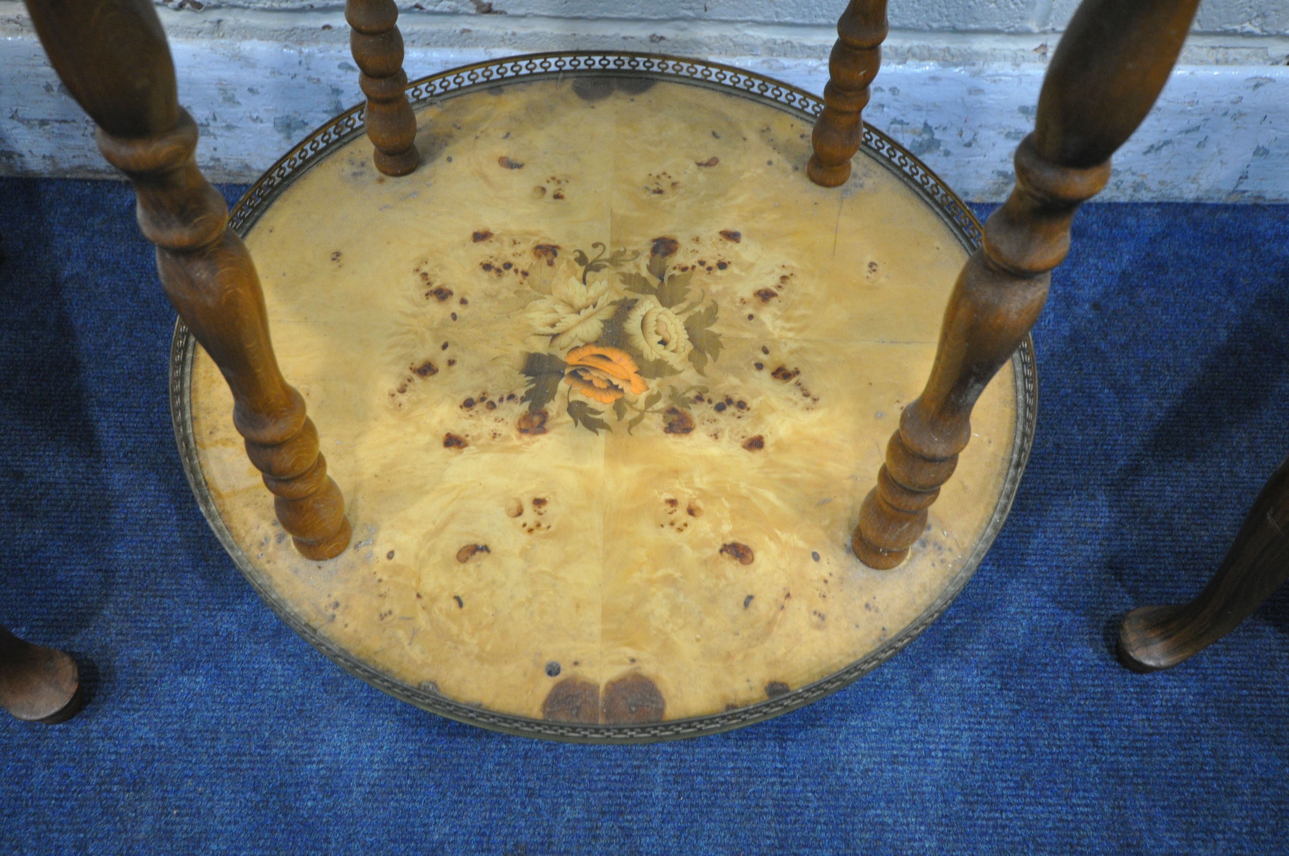 AN ITALIAN CIRCULAR TWO TIER TEA TABLE, each tier with brass gallery, top tier with a single handle, - Image 3 of 5