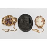 THREE BROOCHES, the first an AF shell cameo brooch collet set in yellow metal with scrolling detail,