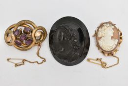 THREE BROOCHES, the first an AF shell cameo brooch collet set in yellow metal with scrolling detail,