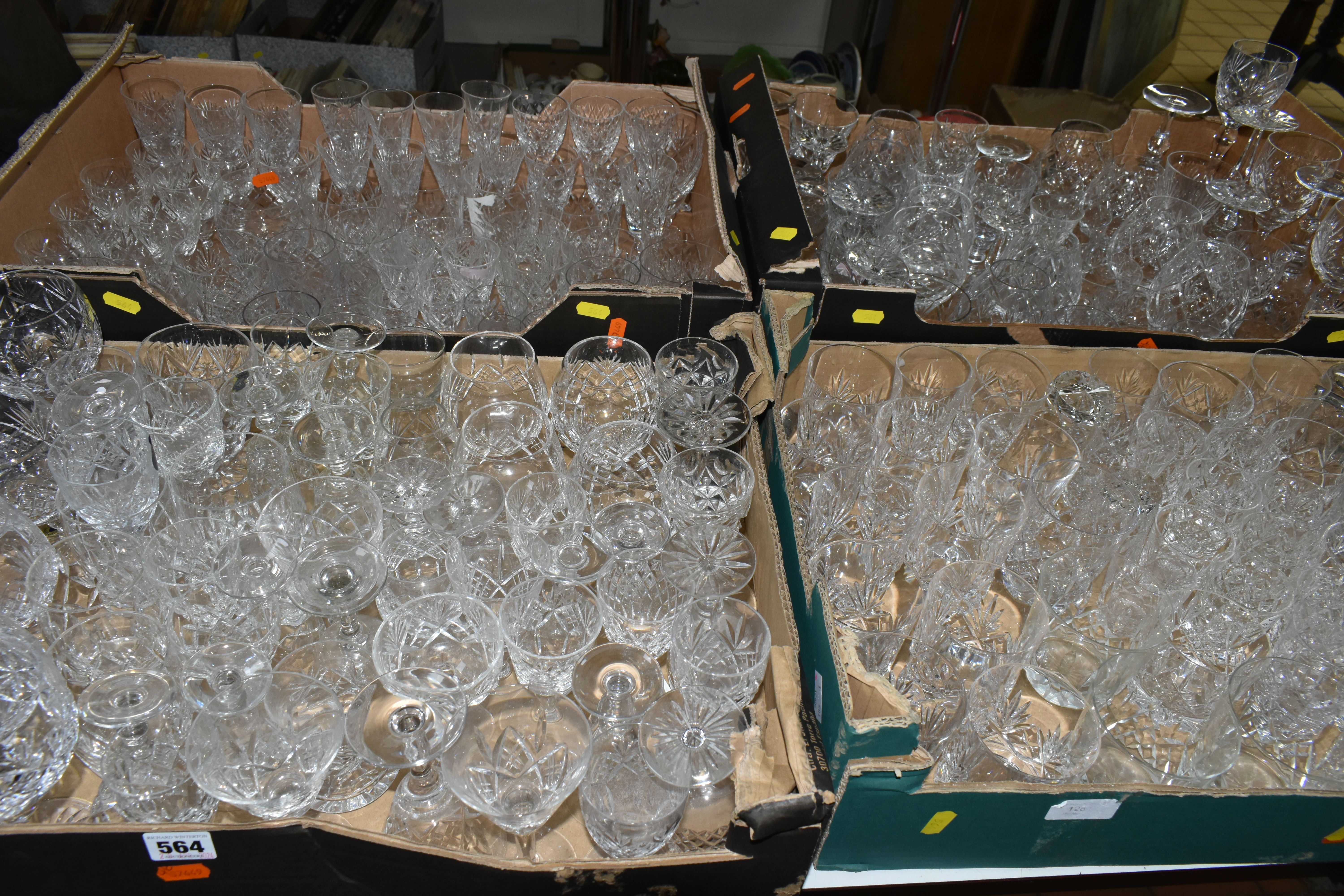 FOUR BOXES OF CUT GLASS, to include whisky tumblers, wine glasses, brandy glasses, port glasses,