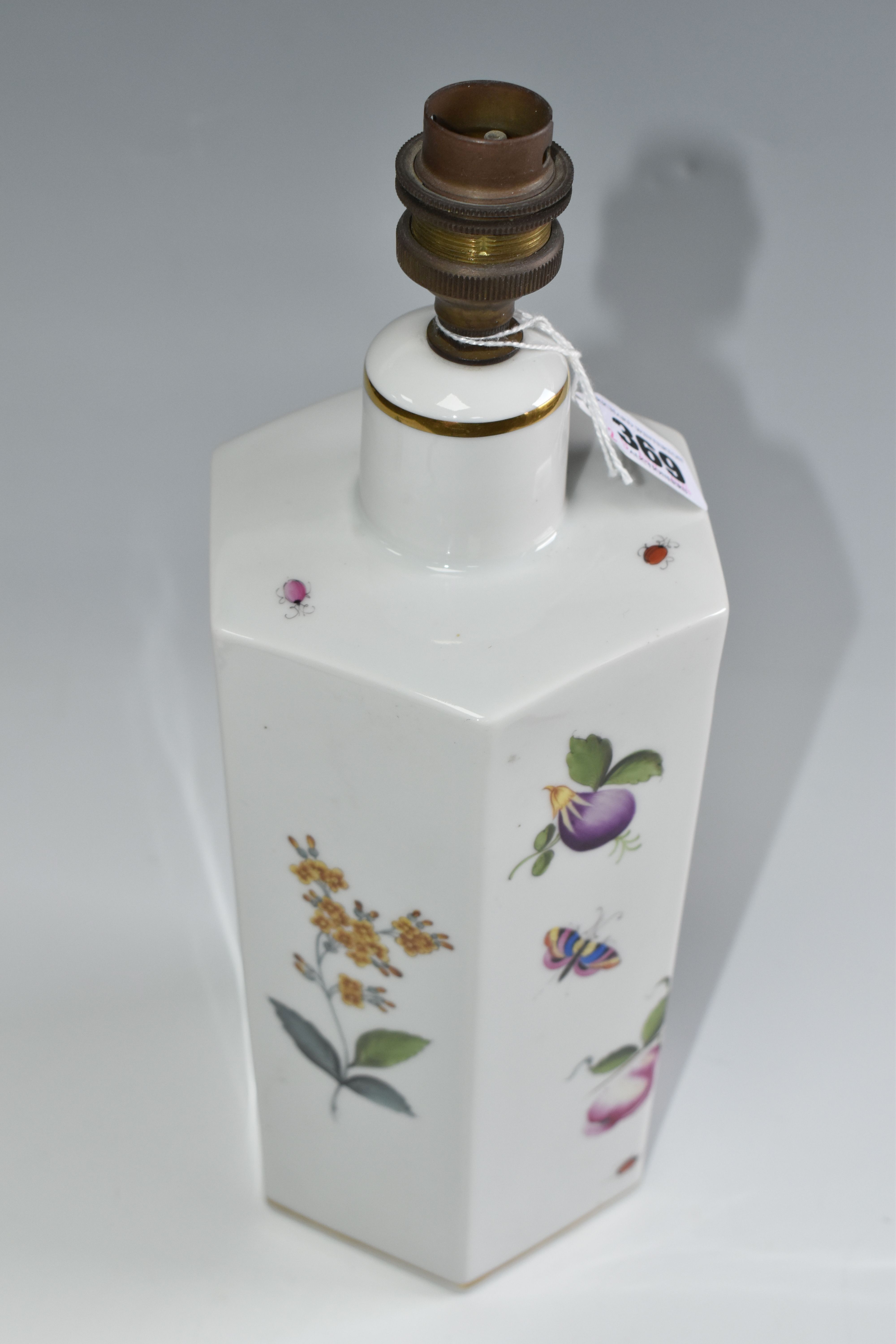 A HEREND TABLE LAMP BASE, of hexagonal form, painted with flowers, fruit and insects, the vendor - Image 4 of 7