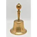 A VICTORIAN STYLE BRASS SCHOOL BELL WITH ENGRAVED BRASS HANDLE, the spherical end on a tapering