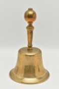 A VICTORIAN STYLE BRASS SCHOOL BELL WITH ENGRAVED BRASS HANDLE, the spherical end on a tapering