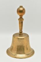 A VICTORIAN STYLE BRASS SCHOOL BELL WITH ENGRAVED BRASS HANDLE, the spherical end on a tapering