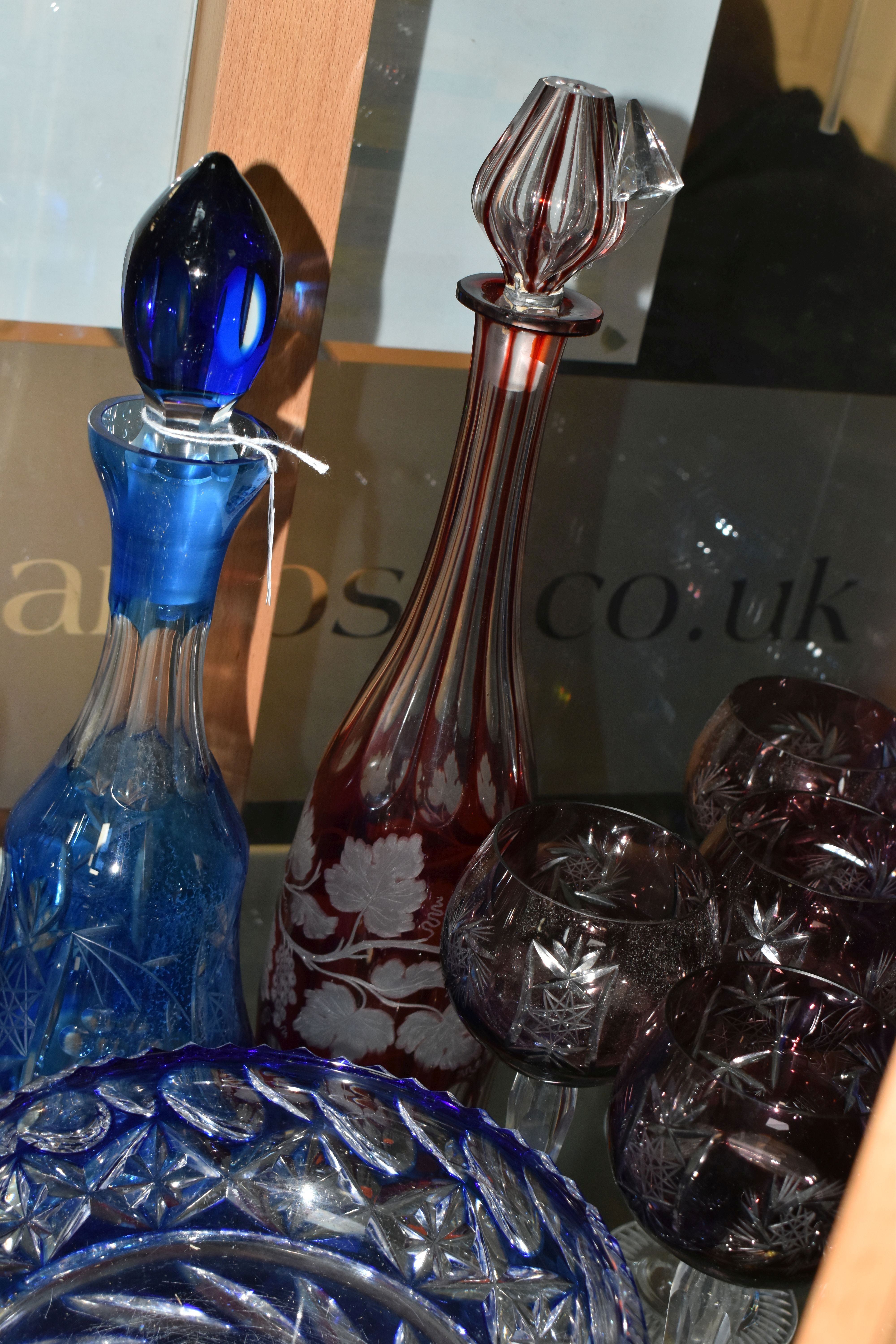 A GROUP OF COLOURED CUT CRYSTAL, to include six cranberry coloured wine glasses, decanter (damaged - Image 3 of 8