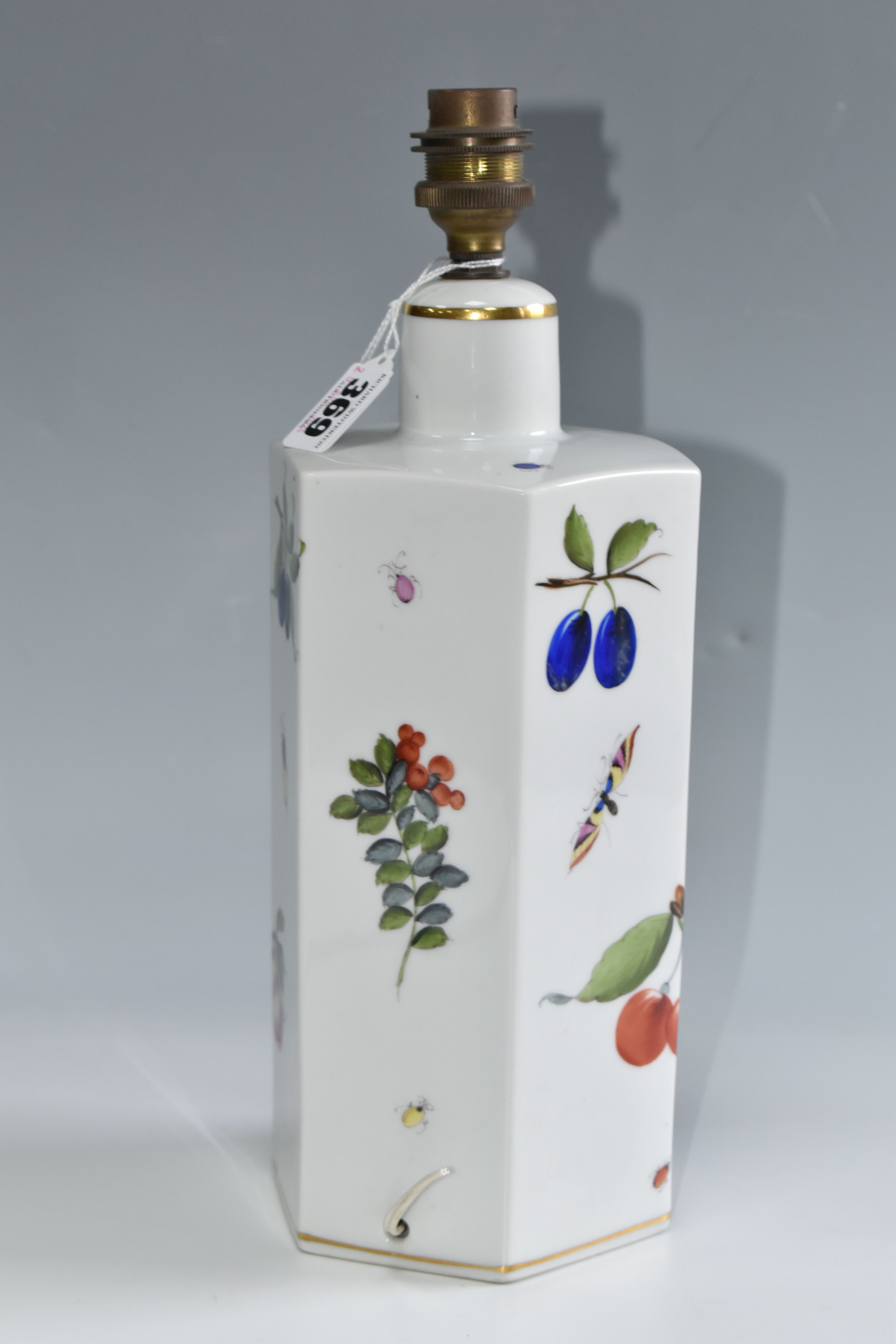 A HEREND TABLE LAMP BASE, of hexagonal form, painted with flowers, fruit and insects, the vendor - Image 2 of 7