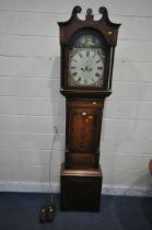 A GEORGIAN OAK EIGHT DAY LONGCASE CLOCK, with swan neck pediment above an arched glazed door, that's