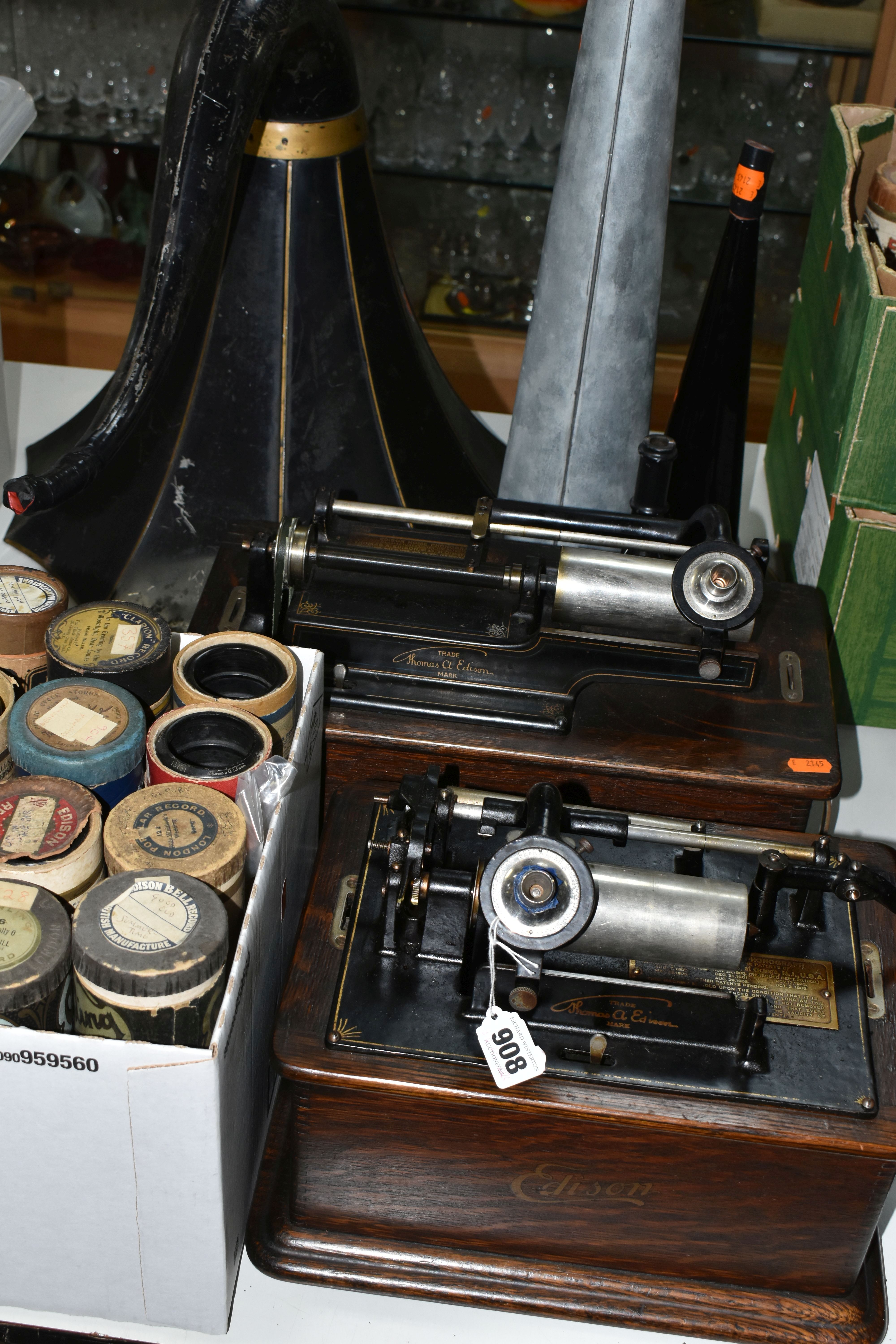 TWO EDISON PHONOGRAPHS AND A BOX OF ASSOCIATED RECORDS, comprising an Edison Standard Phonograph,