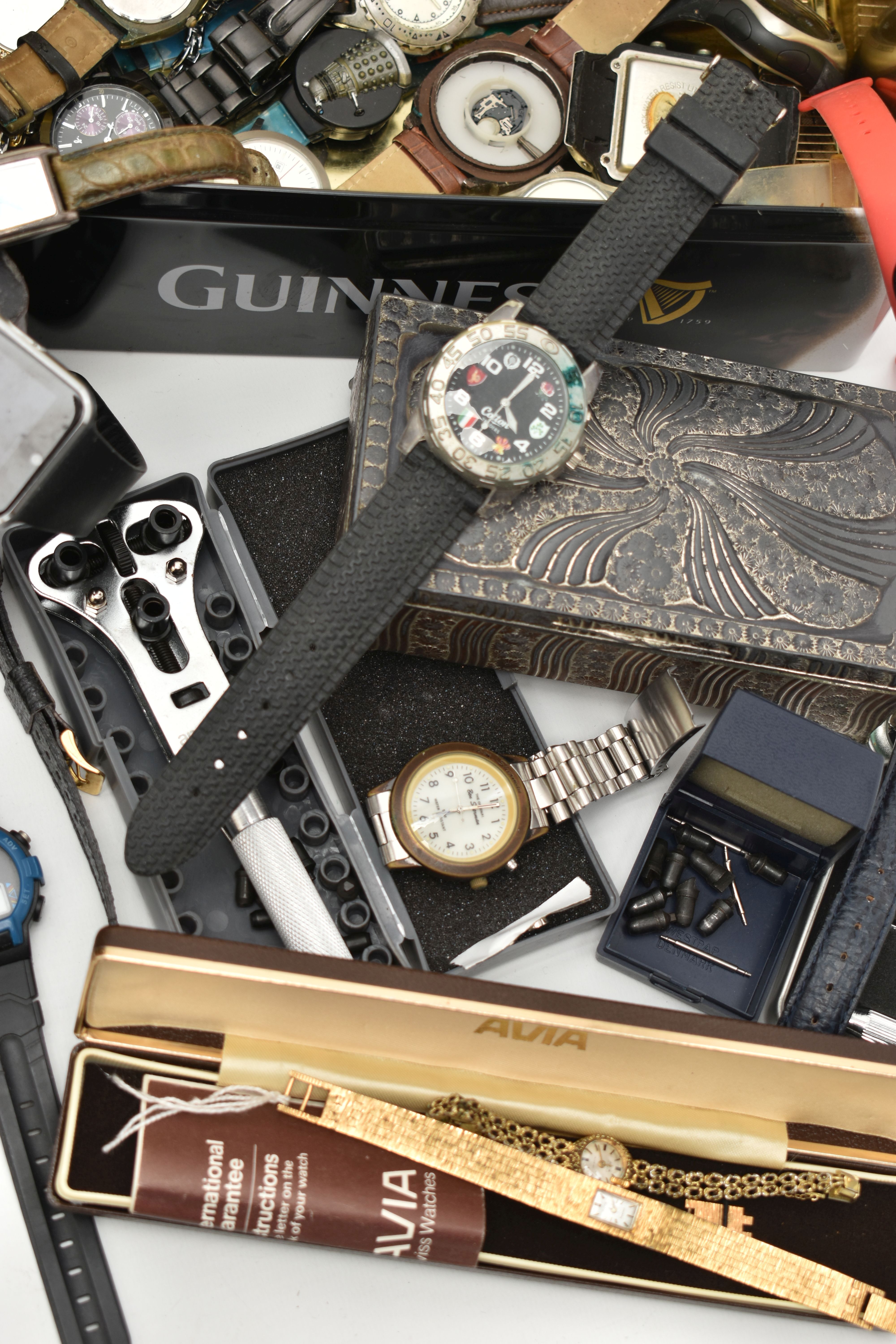 A BOX OF ASSORTED WRISTWATCHES AND ITEMS, to include a wooden box and a tin of mostly quartz fashion - Image 11 of 11