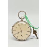 A SILVER EARLY VICTORIAN OPEN FACE POCKET WATCH, key wound movement, round dial, Roman numerals,