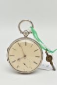 A SILVER EARLY VICTORIAN OPEN FACE POCKET WATCH, key wound movement, round dial, Roman numerals,