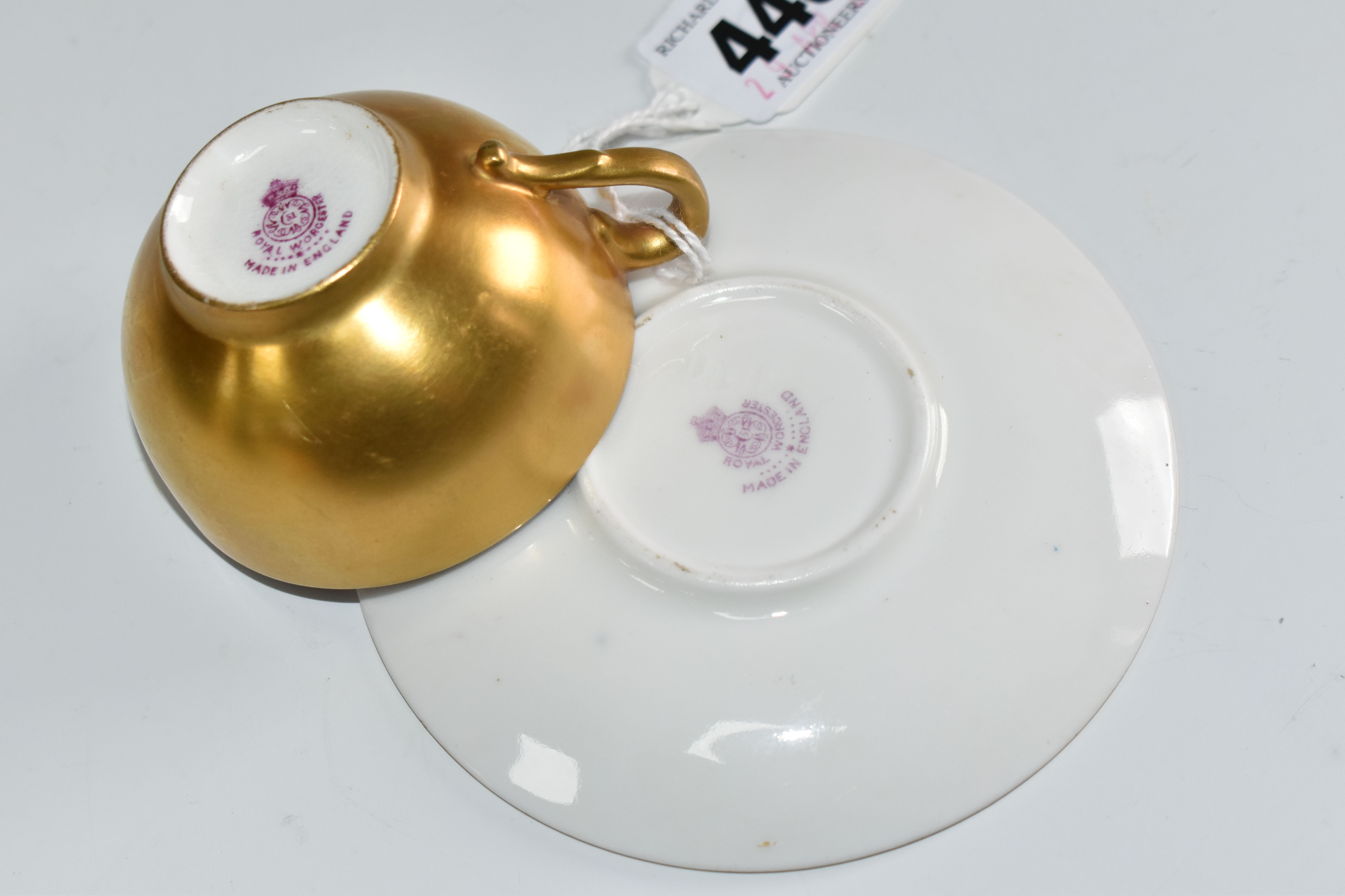 A ROYAL WORCESTER FALLEN FRUITS SMALL TEACUP AND SAUCER, the cup with gilt exterior, interior - Image 6 of 6