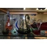 A GROUP OF GLASS BIRDS AND ANIMALS, to include nine art glass birds including examples by Mtarfa and