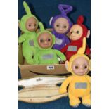 A BOX OF FIVE TELETUBBIES AND A SIMULATED PEARL NECKLACE, to include Tinky-Winky, Dipsy, Laa Laa and