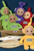 A BOX OF FIVE TELETUBBIES AND A SIMULATED PEARL NECKLACE, to include Tinky-Winky, Dipsy, Laa Laa and
