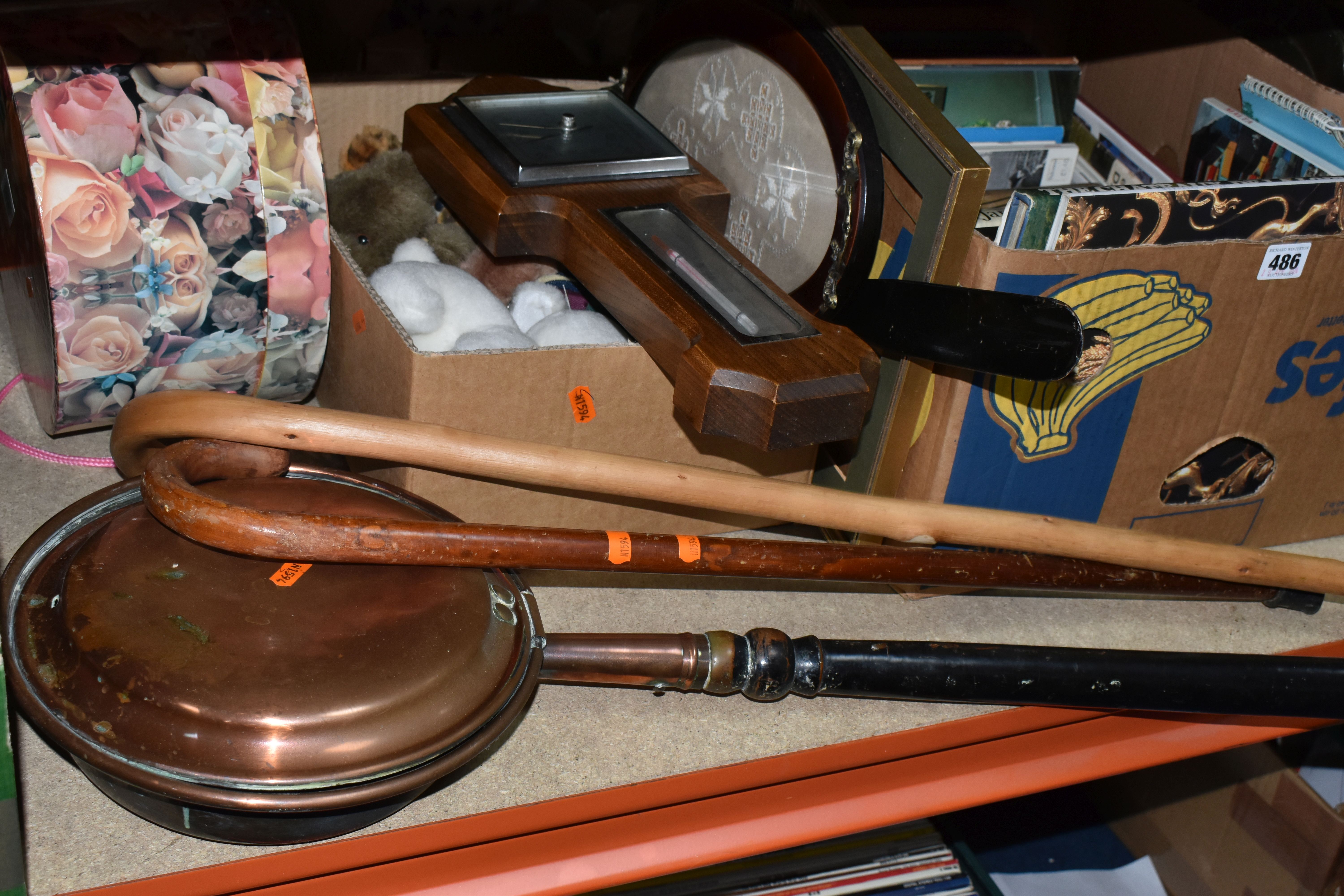 THREE BOXES OF METALWARE AND SUNDRIES, to include a copper kettle, brass jam pan, copper funnel, - Image 2 of 7