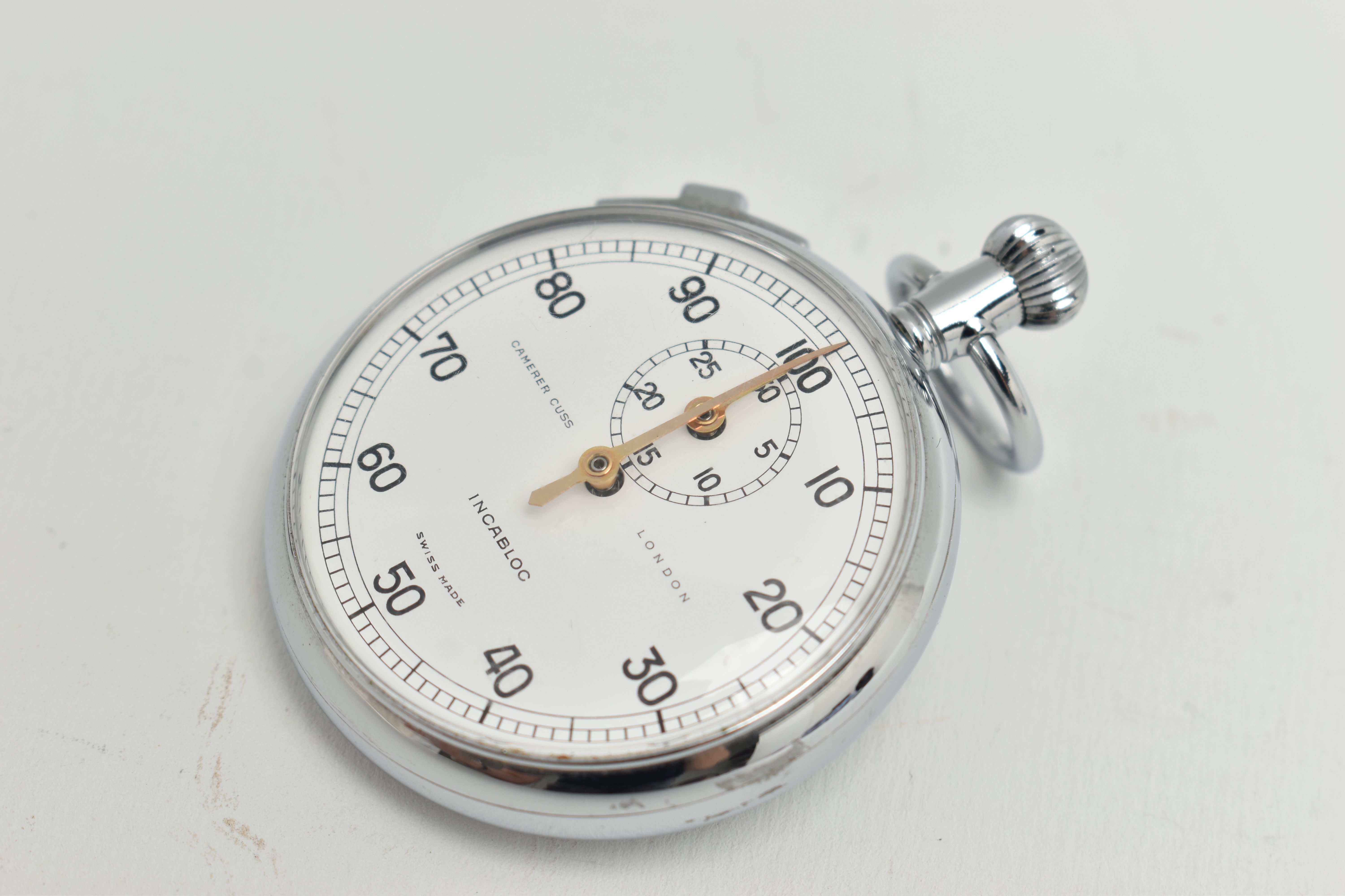 A CAMERER CUSS LONDON INCABLOC CHROME CASED STOPWATCH, white painted dial marked in 10 second - Image 4 of 4