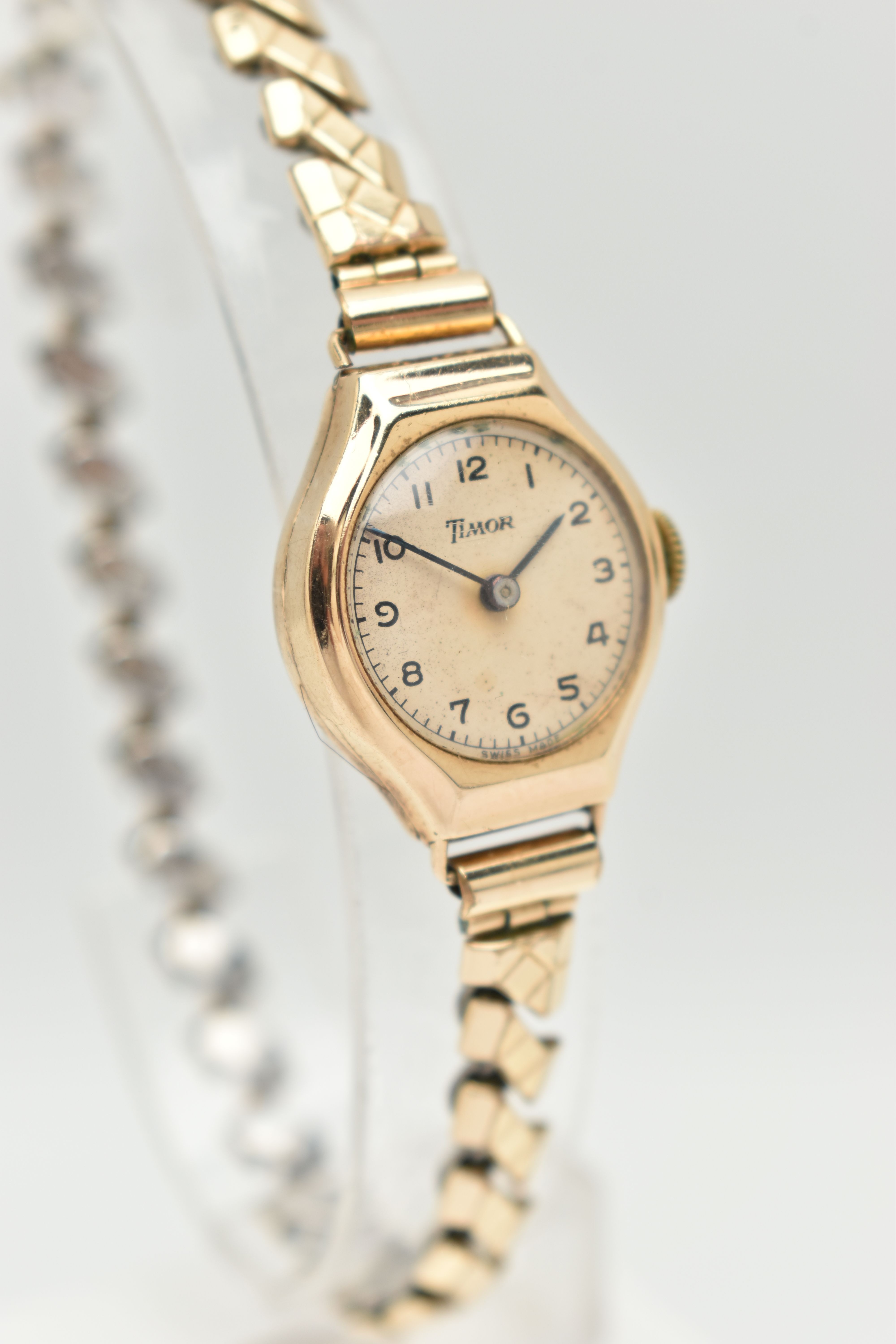 A 9CT GOLD LADIES WRISTWATCH, hand wound movement, round dial signed 'Timor', Arabic numerals, - Image 3 of 6