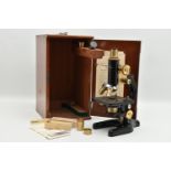 A CASED W.R. PRIOR & CO OF LONDON MONOCULAR MICROSCOPE, no.6622, the fitted case with guarantee