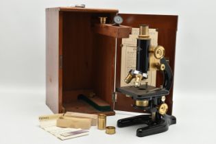 A CASED W.R. PRIOR & CO OF LONDON MONOCULAR MICROSCOPE, no.6622, the fitted case with guarantee