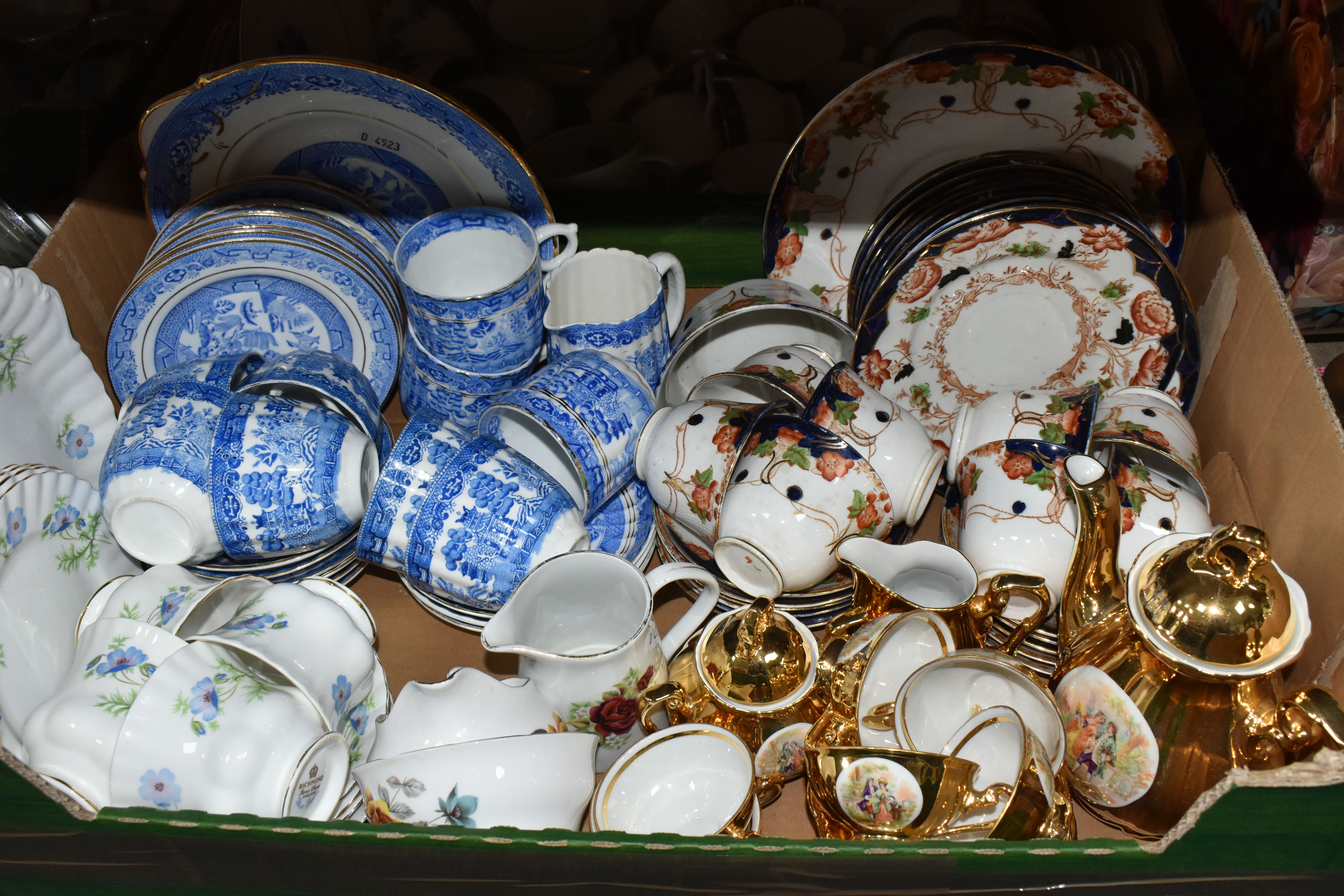 FOUR BOXES OF TEA WARE, to include a Royal Stafford Imari pattern tea set, a blue and white 'Willow' - Image 3 of 6