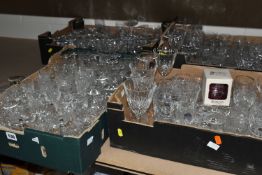 FOUR BOXES OF ASSORTED CUT GLASS DRINKING GLASSES ETC, to include large and small wine glasses,