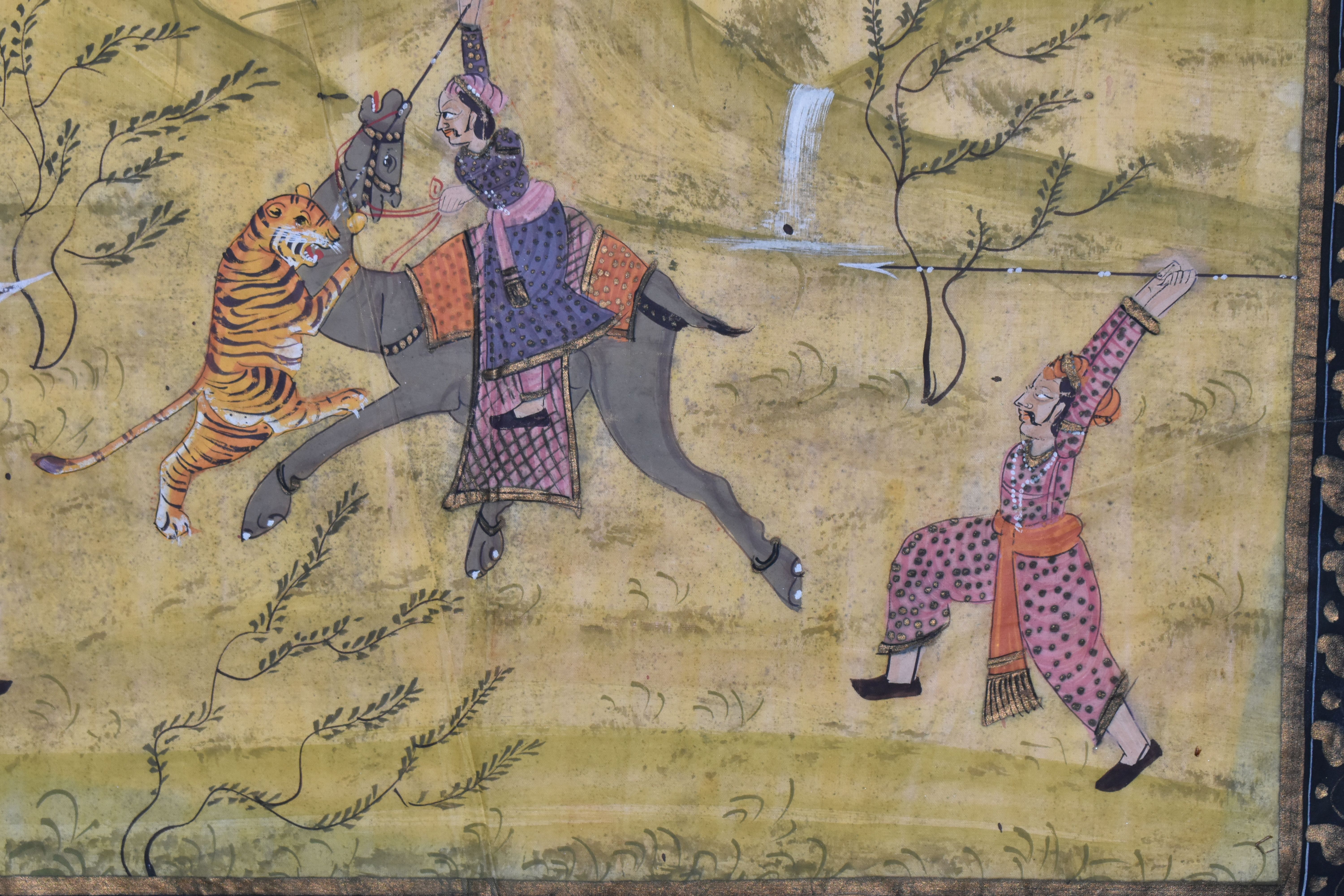 TWO 20TH CENTURY INDIAN / PERSIAN PAINTINGS ON SILK, the first depicting a hunting scene with a - Image 7 of 7
