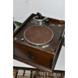 A HMV MODEL 103 GRAMOPHONE, lid is missing, runs when wound