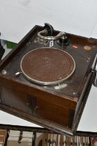 A HMV MODEL 103 GRAMOPHONE, lid is missing, runs when wound