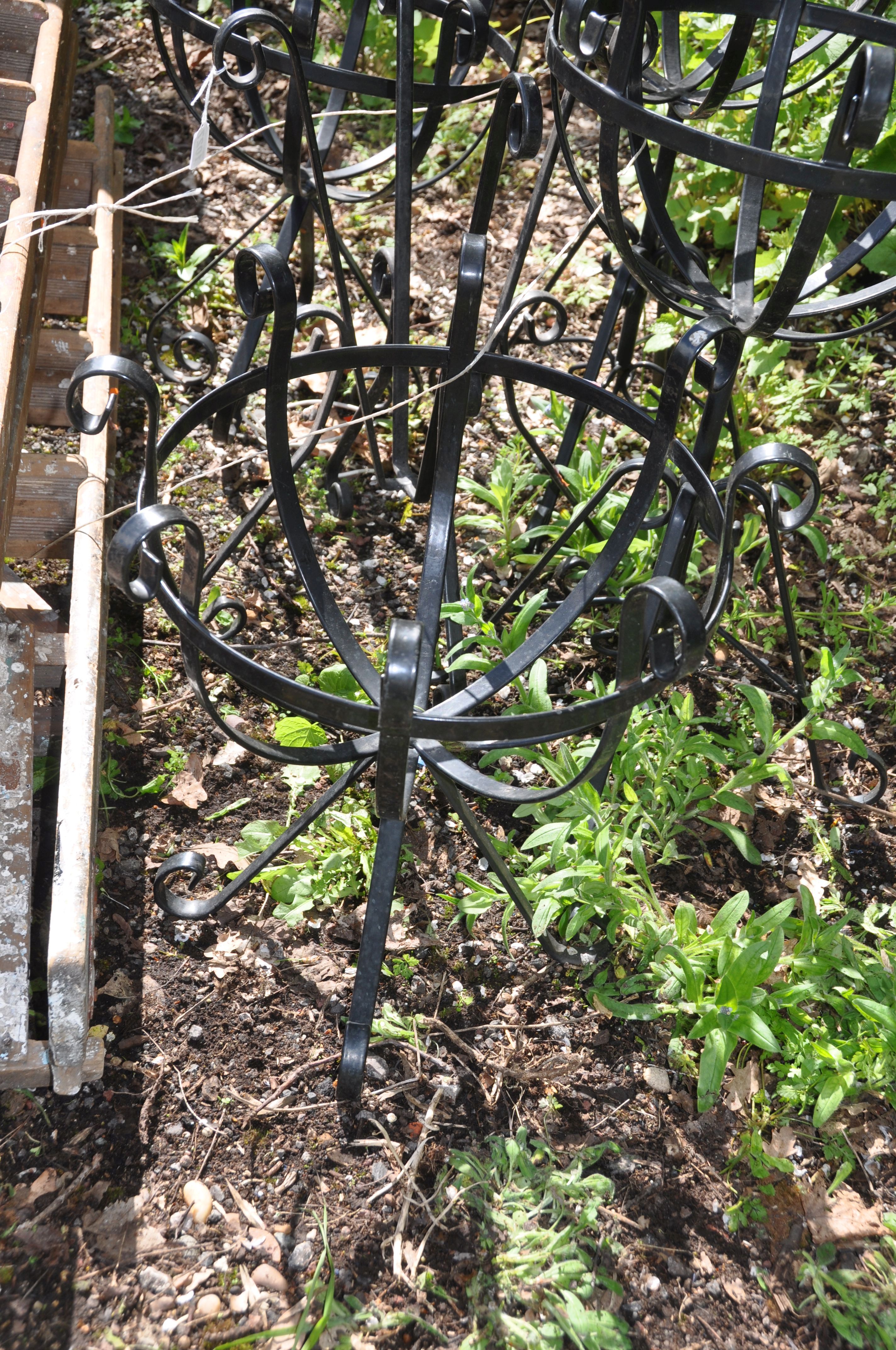 FOUR MODERN WROUGHT IRON HANGING BASKET STANDS another stand and two wooden step ladders ( stands - Image 2 of 4