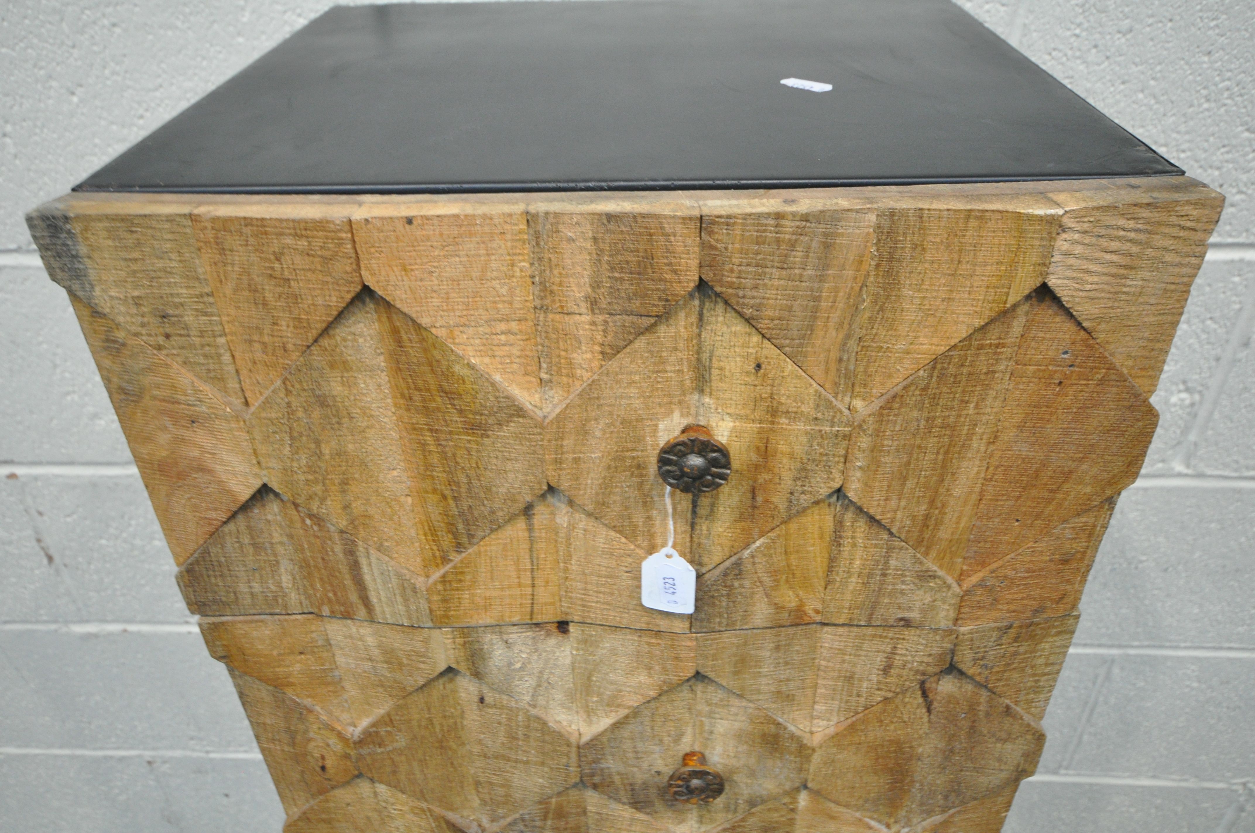A MODERN INDUSTRIAL CHEST OF FIVE DRAWERS, the drawer fronts of wooden geometric design, width - Image 4 of 4