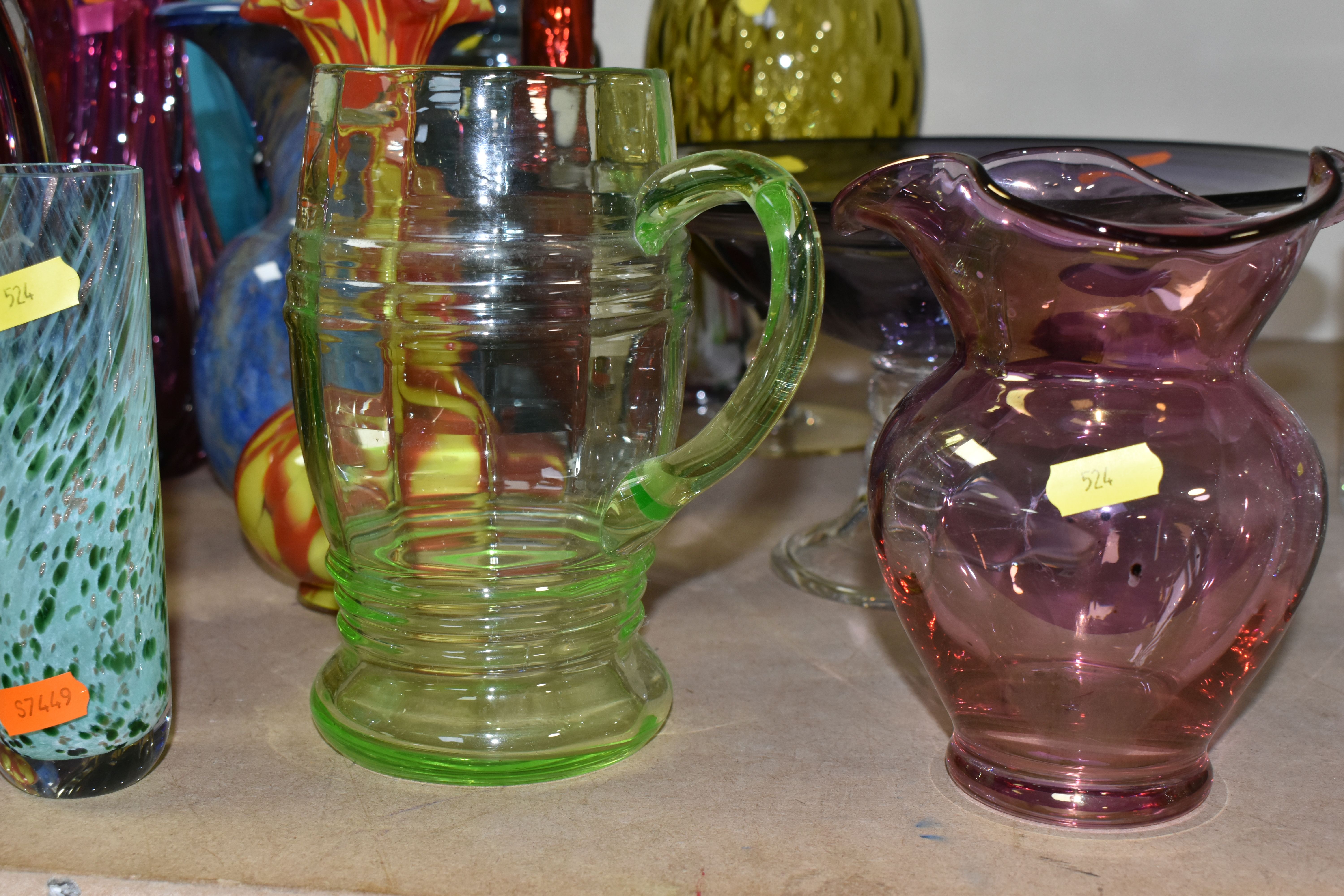 A SELECTION OF DECORATIVE COLOURED GLASSWARES ETC, to include blue and purple pedestal bowls, a tall - Image 4 of 10