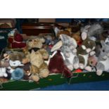 FOUR BOXES OF SOFT TOYS AND VINTAGE TEDDY BEARS, to include a straw filled bear with glass eyes (