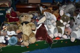 FOUR BOXES OF SOFT TOYS AND VINTAGE TEDDY BEARS, to include a straw filled bear with glass eyes (