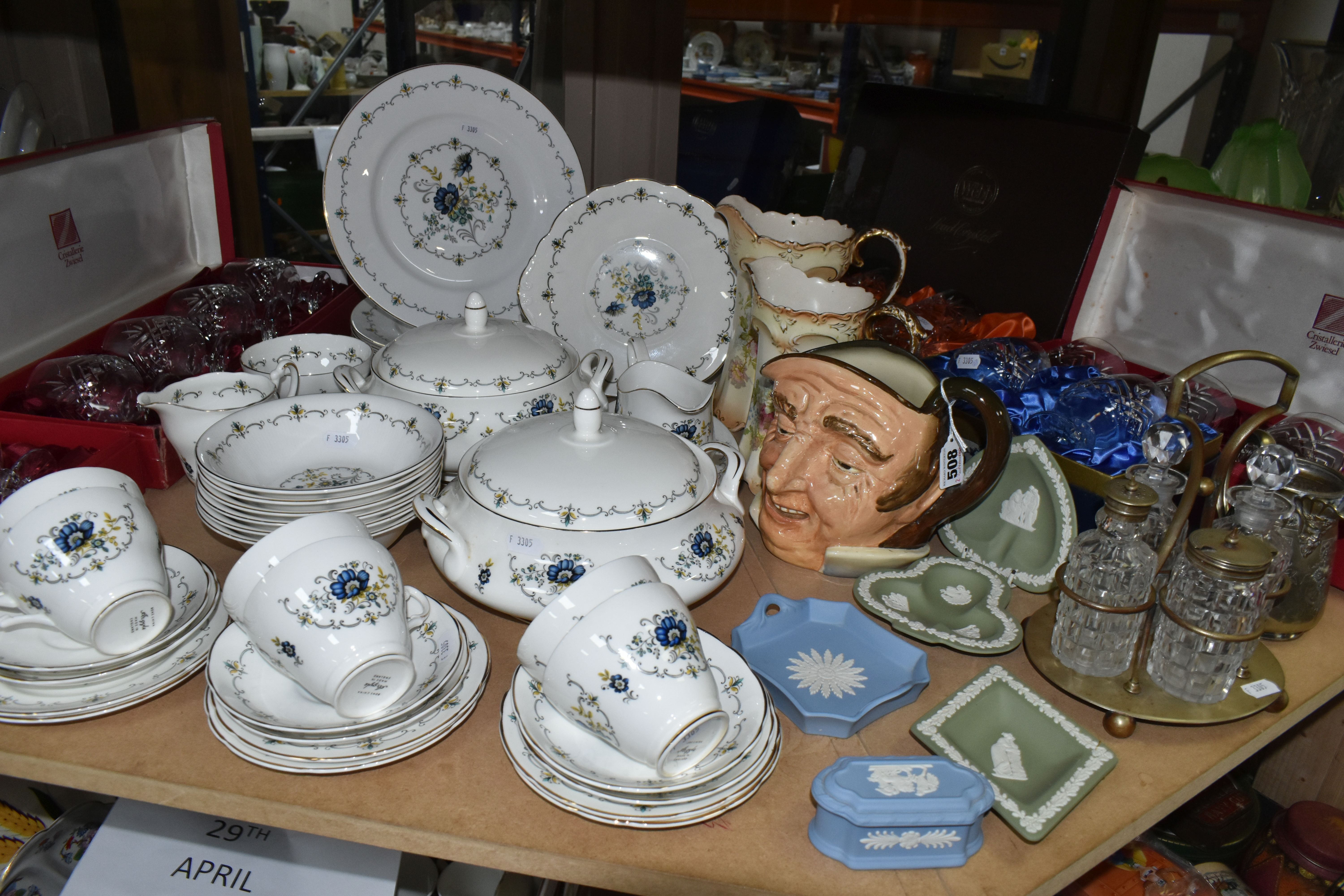 A GROUP OF GLASSWARE AND CERAMICS, comprising a Royal Doulton 'Farmer John' character jug, two