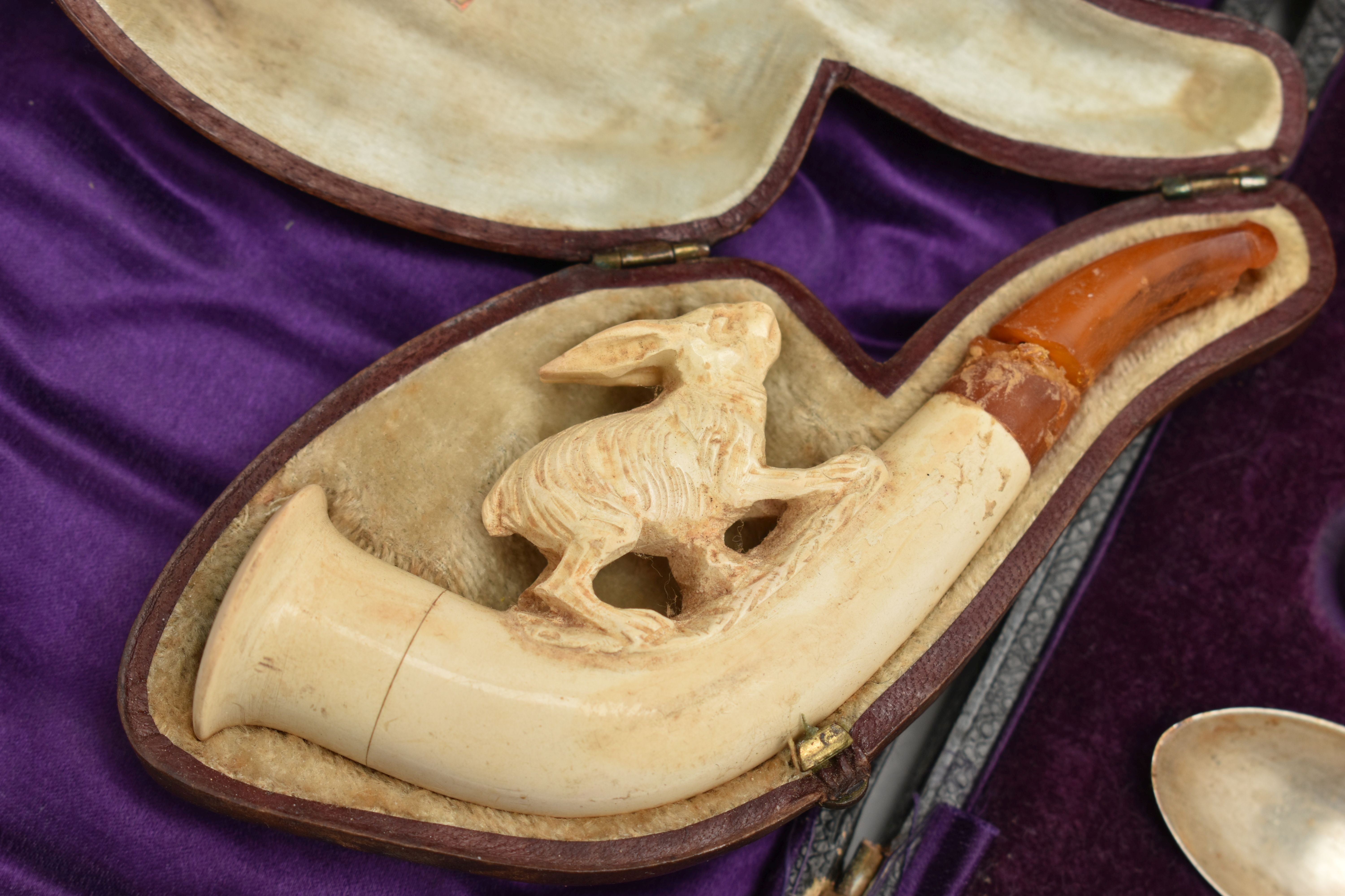 A BOX OF ASSORTED ITEMS, to include an AF meerschaum pipe and case, a silver pommel walking stick, - Image 4 of 10