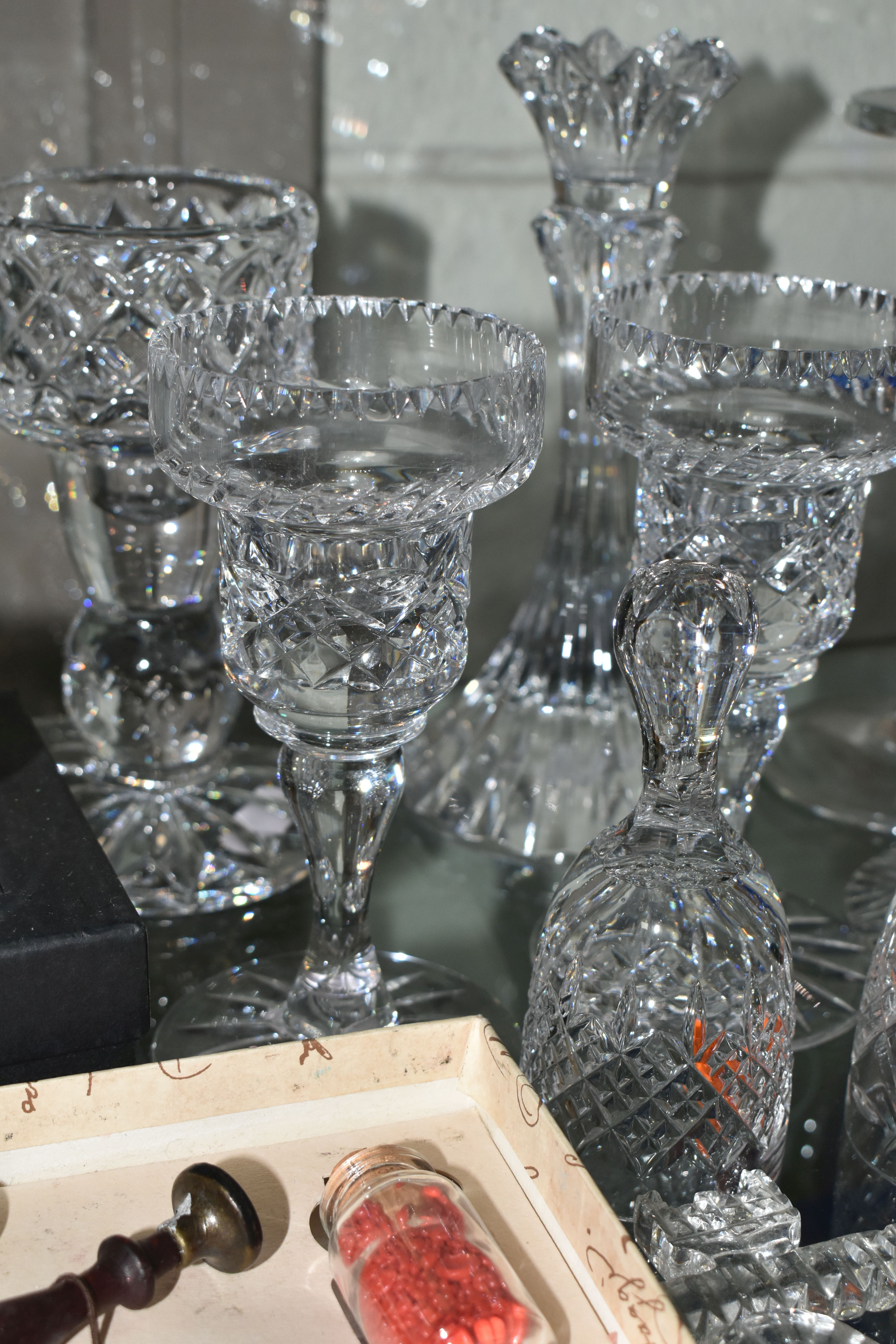 A GROUP OF CUT GLASS CLOCKS, CANDLE HOLDERS, INKSTAND AND BOXED INK SET, a Georgian novelty pipe, - Image 10 of 12