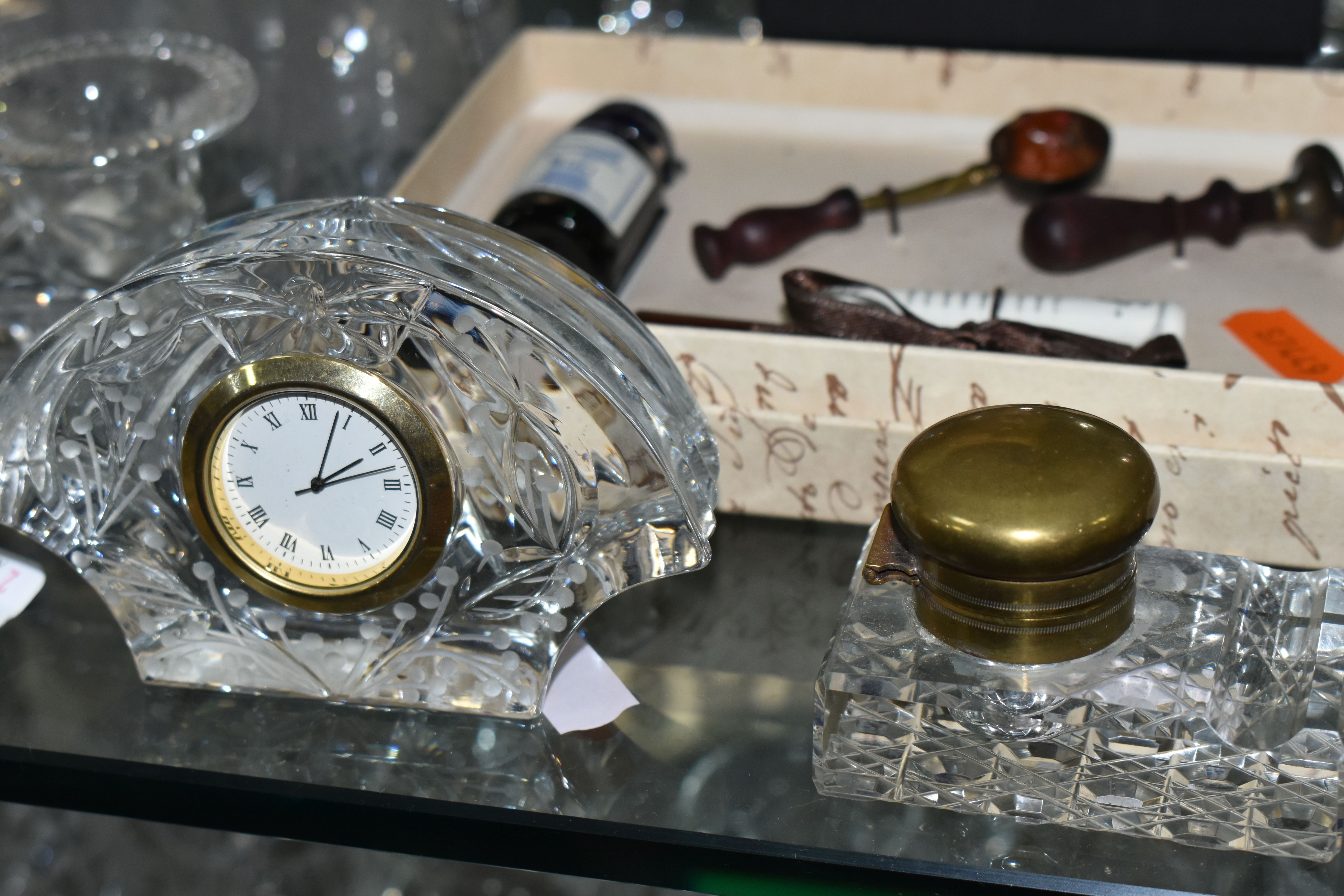 A GROUP OF CUT GLASS CLOCKS, CANDLE HOLDERS, INKSTAND AND BOXED INK SET, a Georgian novelty pipe, - Image 4 of 12