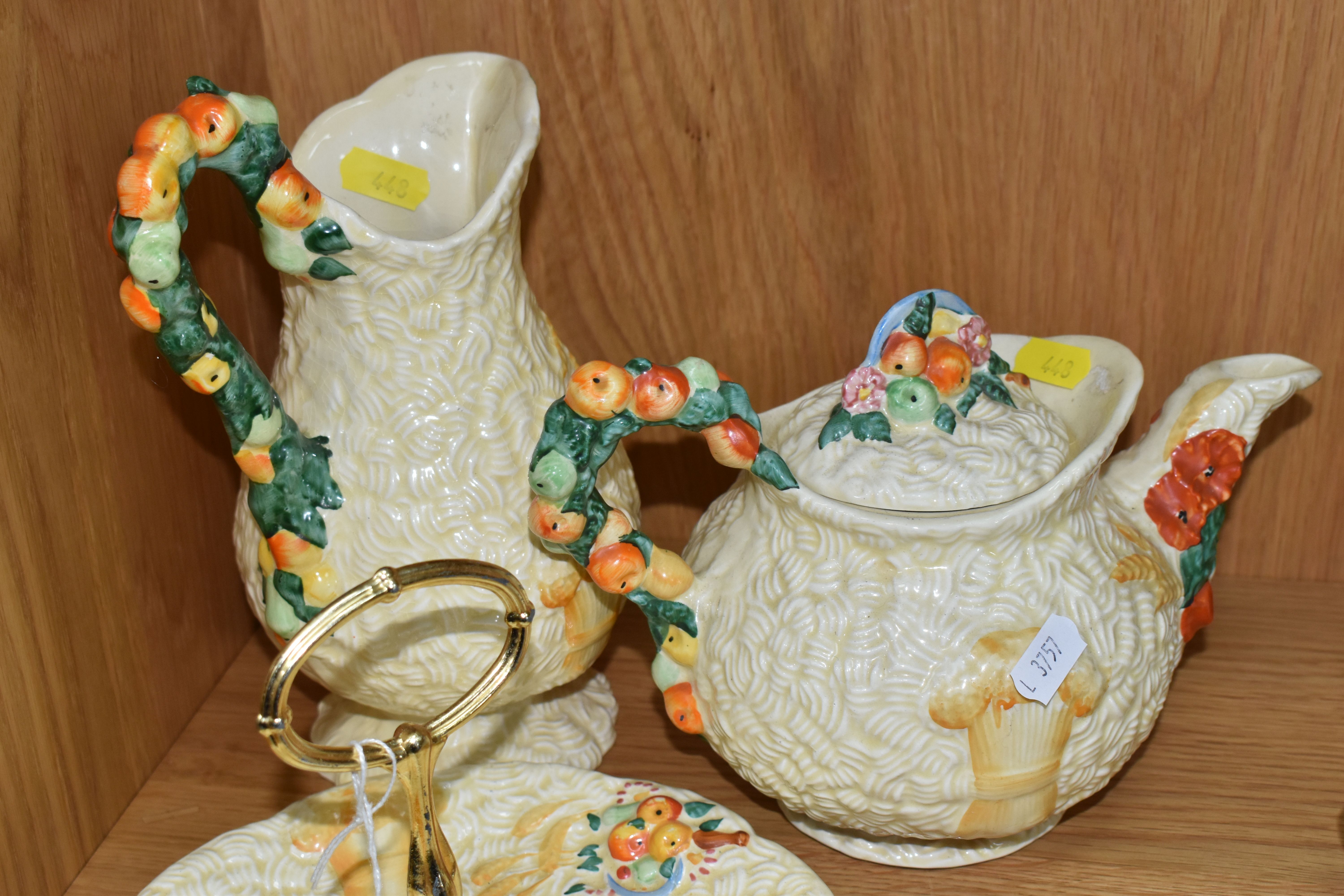 THREE PIECES OF CLARICE CLIFF 'CELTIC HARVEST' PATTERN TEA WARE, comprising a single tier cake - Image 5 of 11