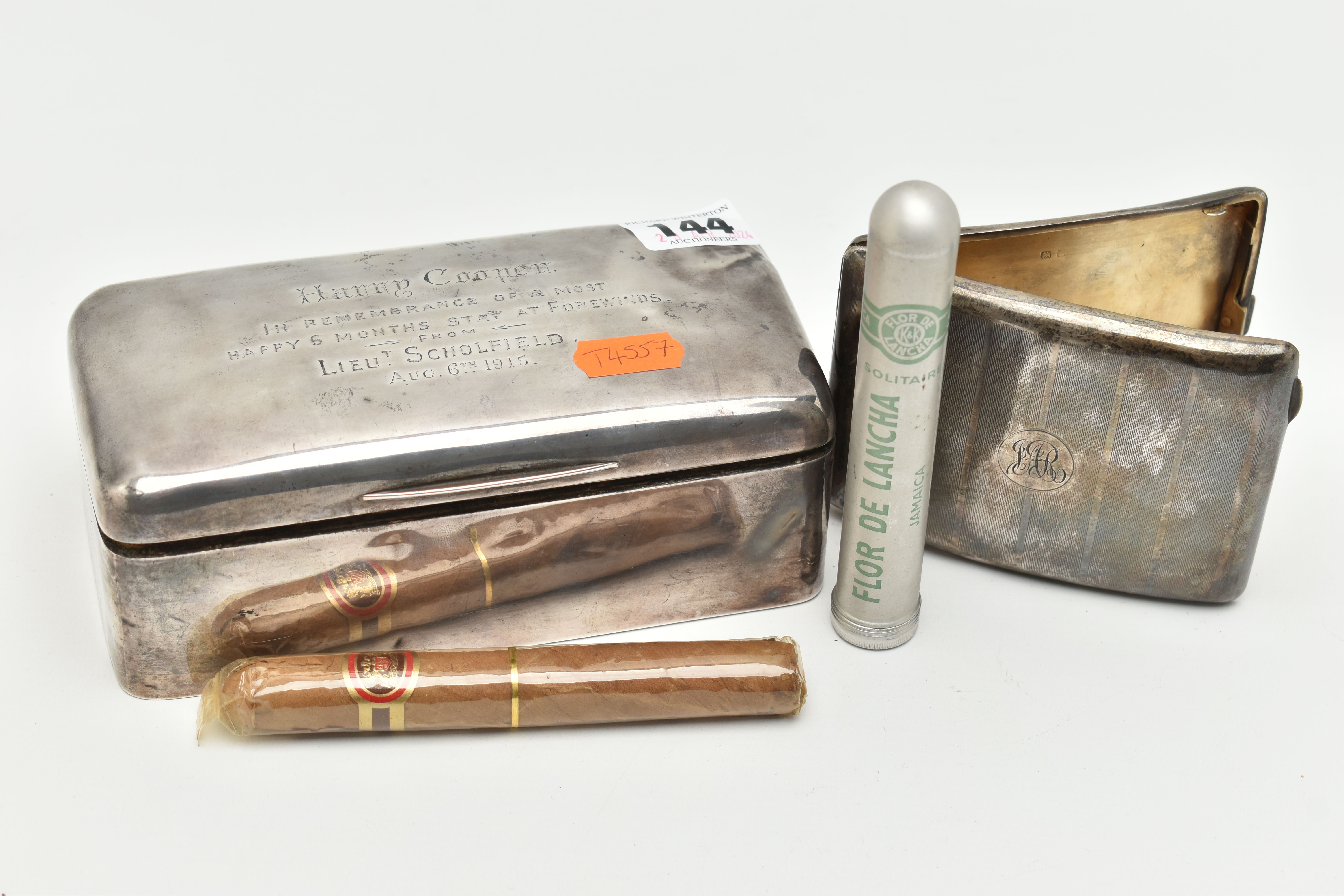 A SILVER TABLE TOP CIGARETTE BOX AND A CIGARETTE CASE, a polished rectangular hinged box, personal