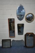 A VARIETY OF WALL MIRRORS, to include an oak framed bevelled edge wall mirror, with geometric
